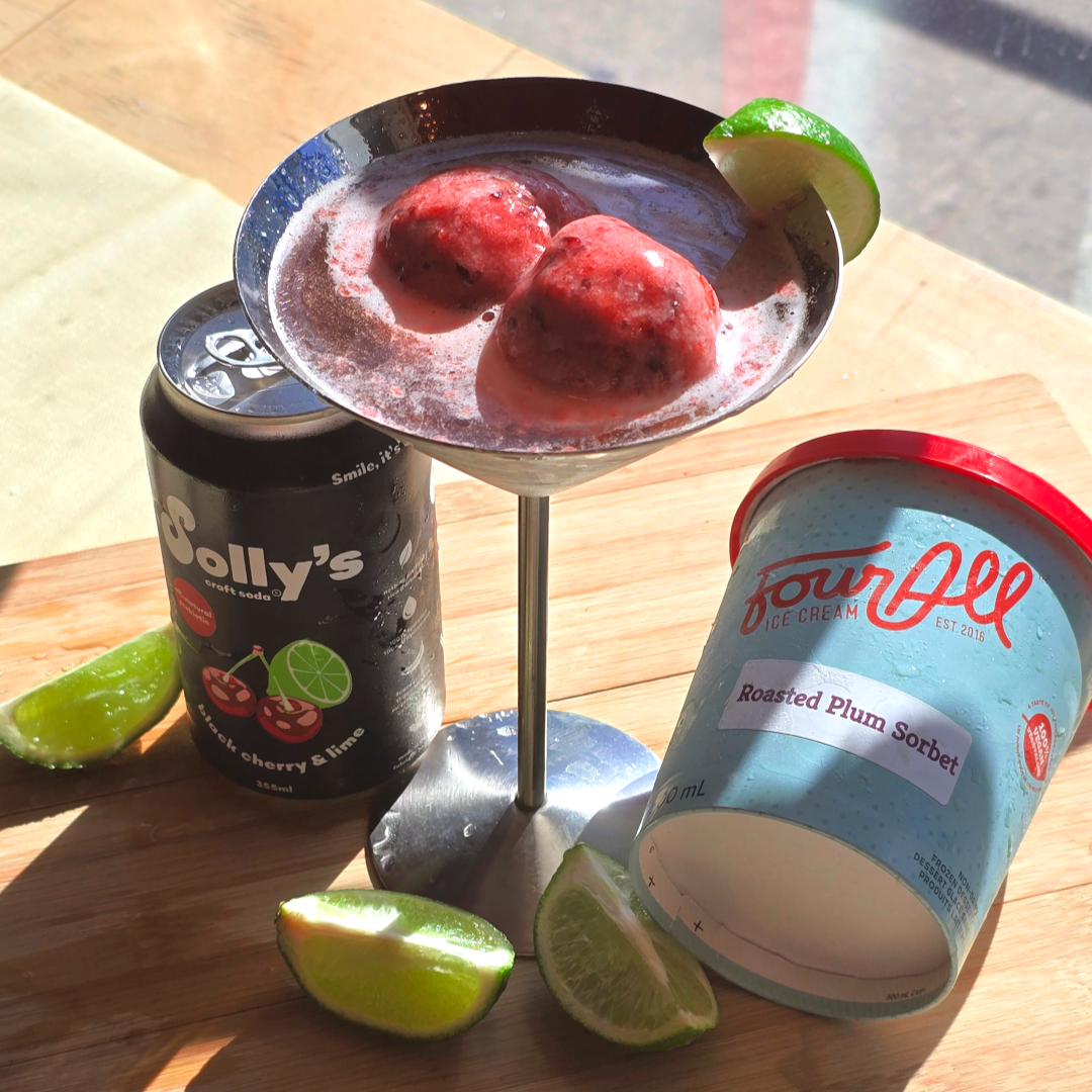 Cherry Plum Fizz with Roasted Plum Sorbet