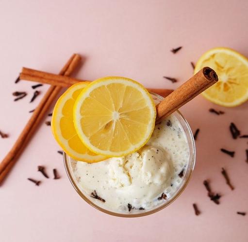 Four All Ice Cream Hot Toddy.  Overhead image of glass with tea and ice cream